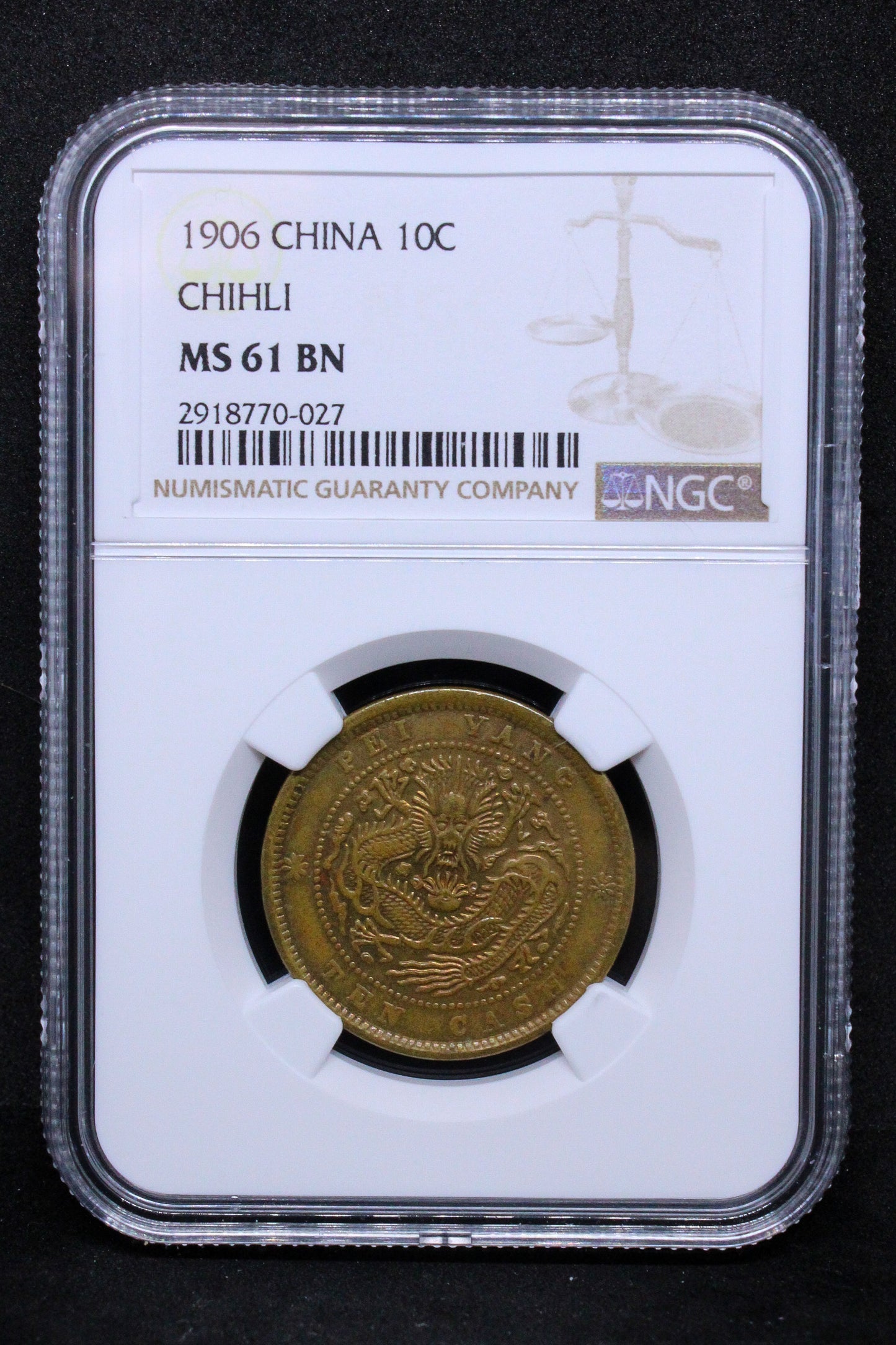 1906 CHINA 10 CASH CHIHLI .NGC MS 61 BN