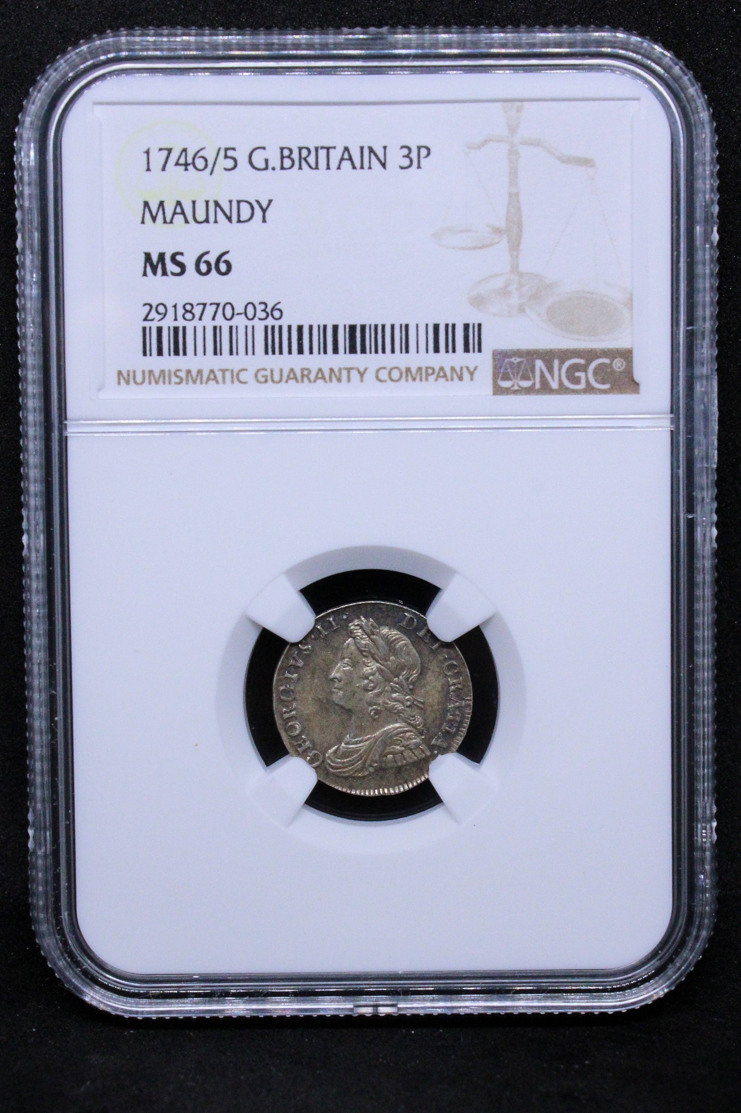 1746/5 G.BRITAIN 3 PENNY MAUNDY George II.NGC MS 66