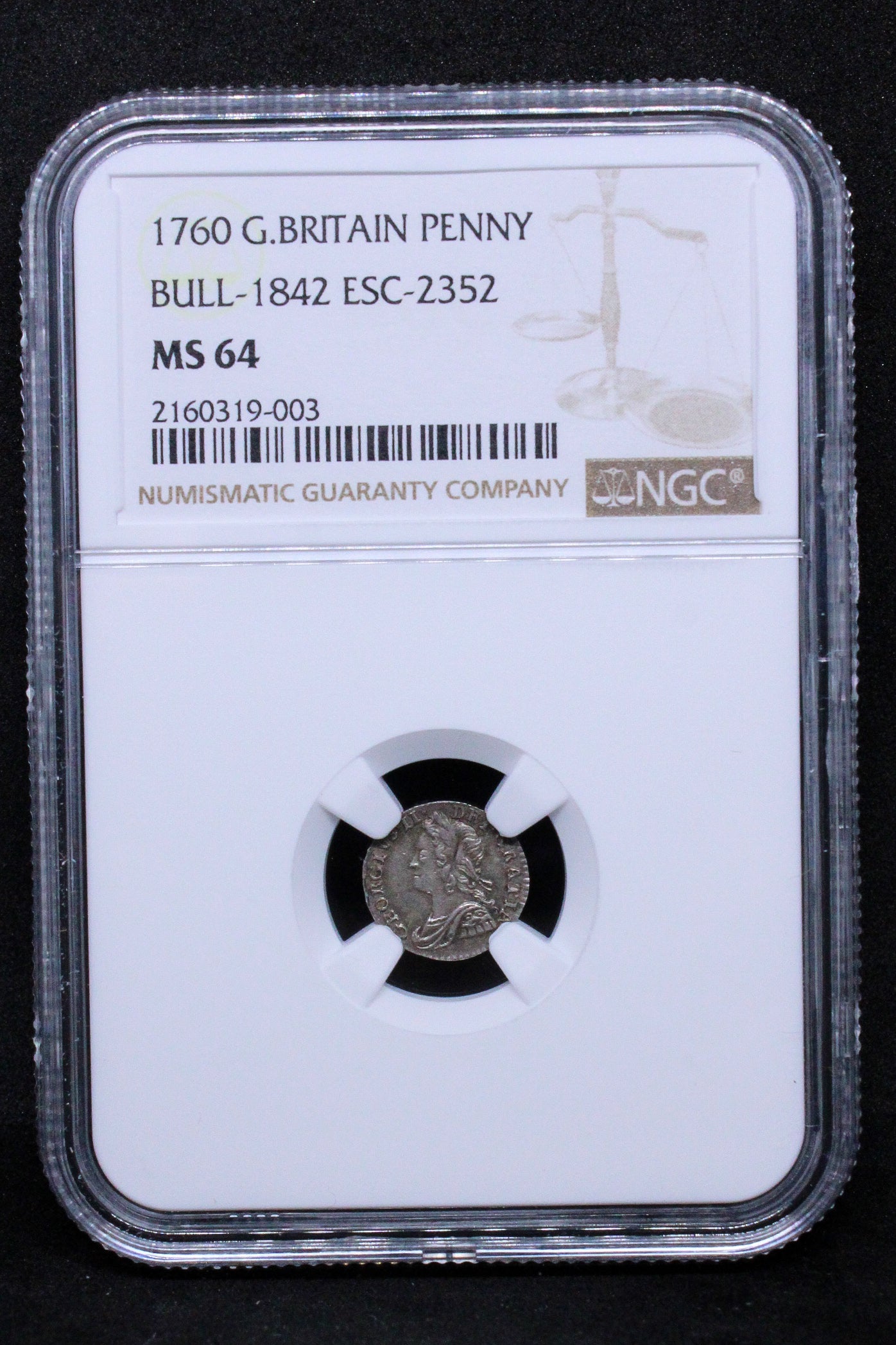 1760 G.BRITAIN PENNY BULL-1842 ESC-2352 Maundy Issue .NGC MS 64 TOP POP