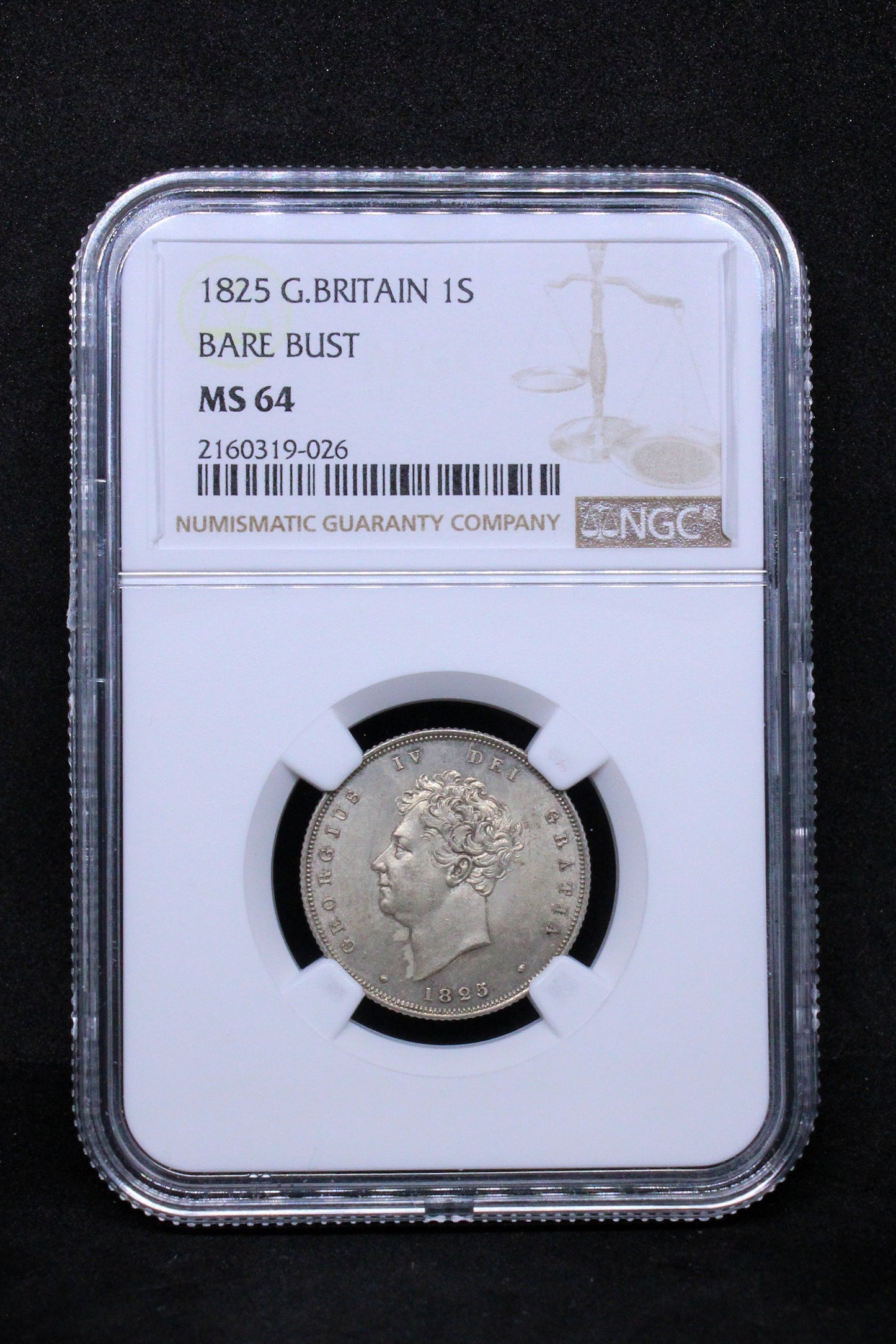 1825 G.BRITAIN 1 SHILLING BARE BUST, George IV .NGC MS 64