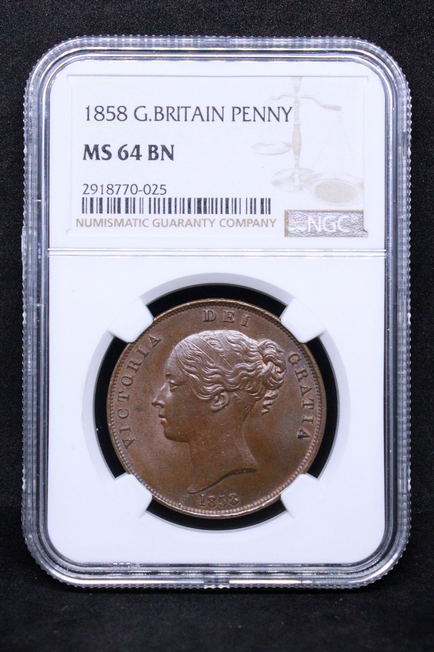 1858 PENNY. GREAT BRITAIN, QUEEN VICTORIA, PENNY .NGC MS 64 BN