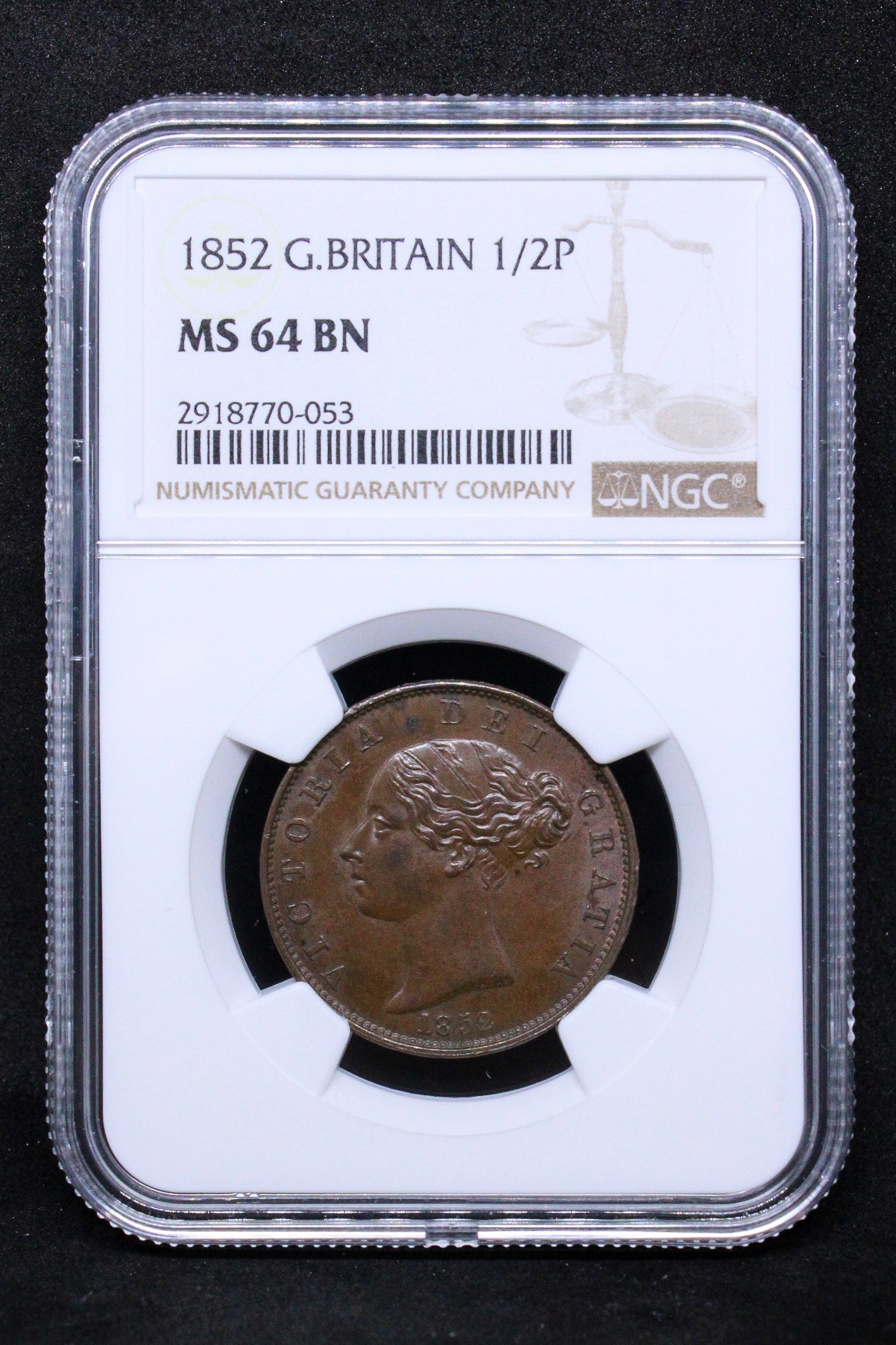 1852 G.BRITAIN 1/2 PENNY Queen Victoria .NGC MS 64 BN, top pop