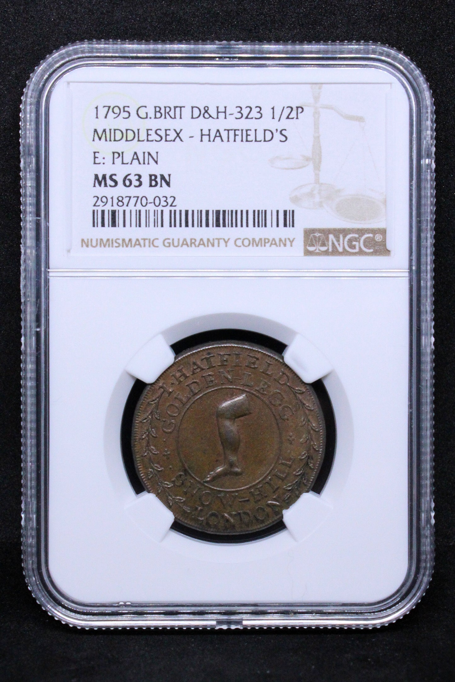 1795 G.BRIT D&H-323 1/2 PENNY MIDDLESEX - HATFIELD'S E: PLAIN TOKEN .NGC MS 63 BN