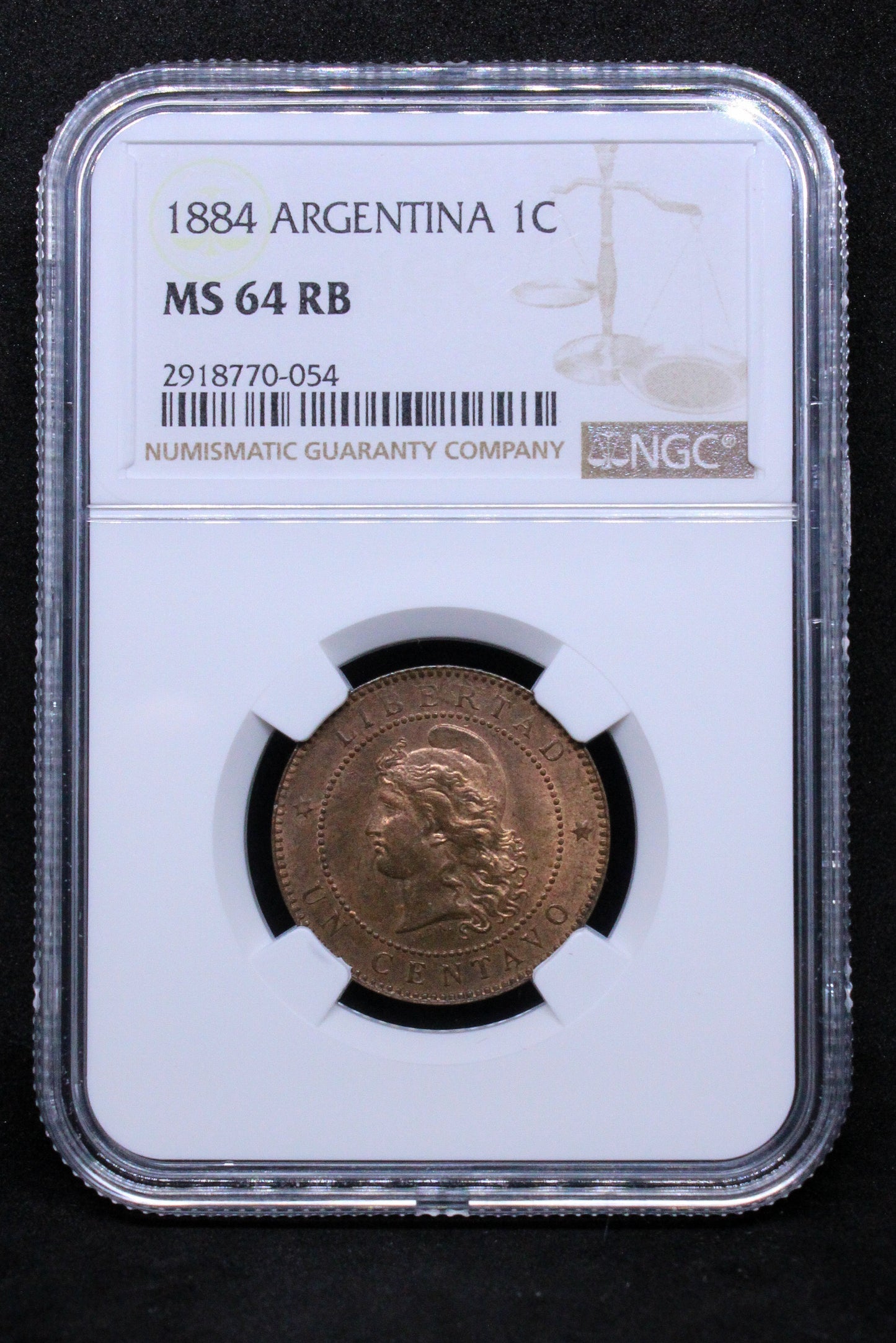 1884 ARGENTINA 1 CENTAVOS .NGC MS 64 RB