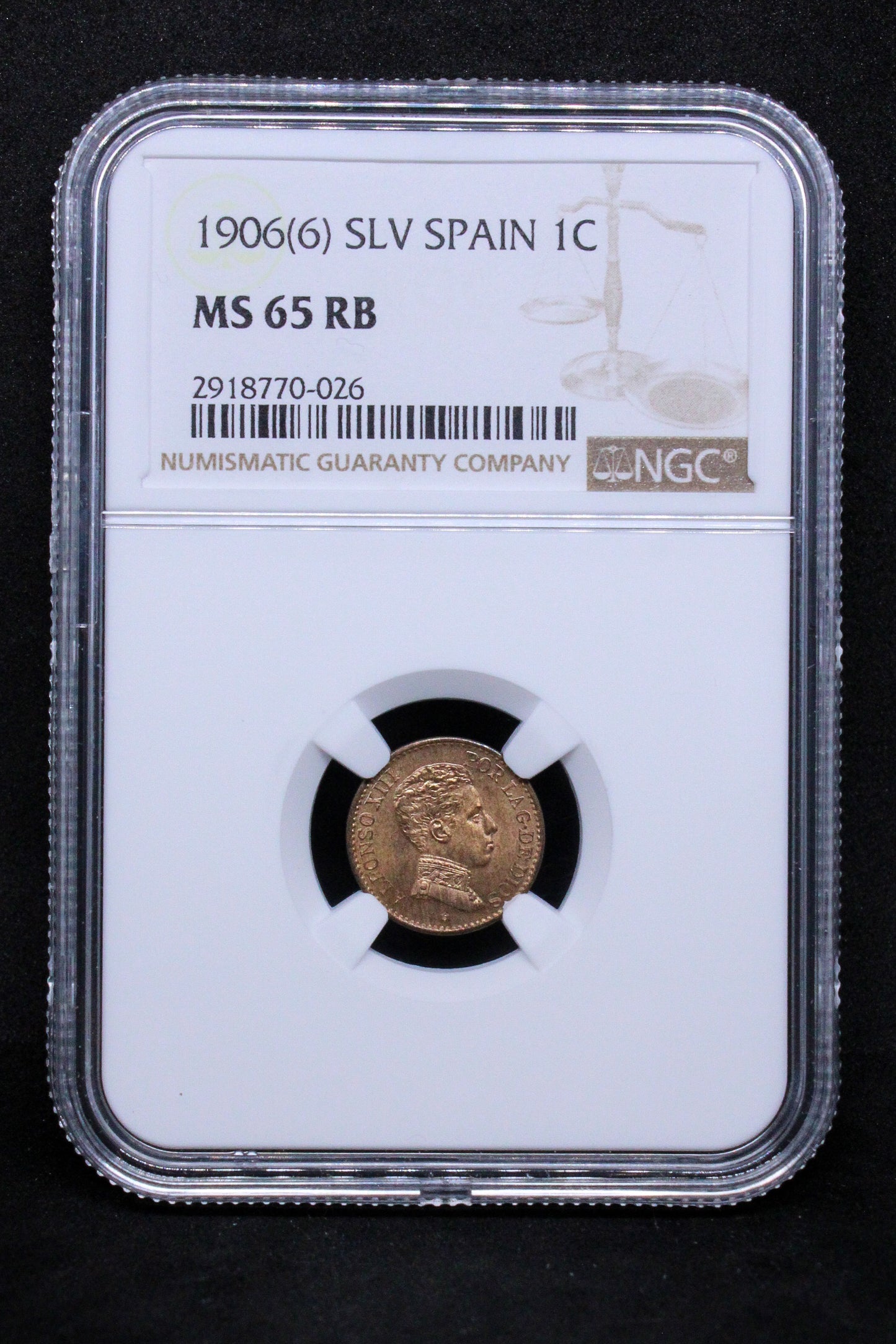 1906(6) SLV SPAIN 1 CENTIMO .NGC MS 65 RB TOP POP