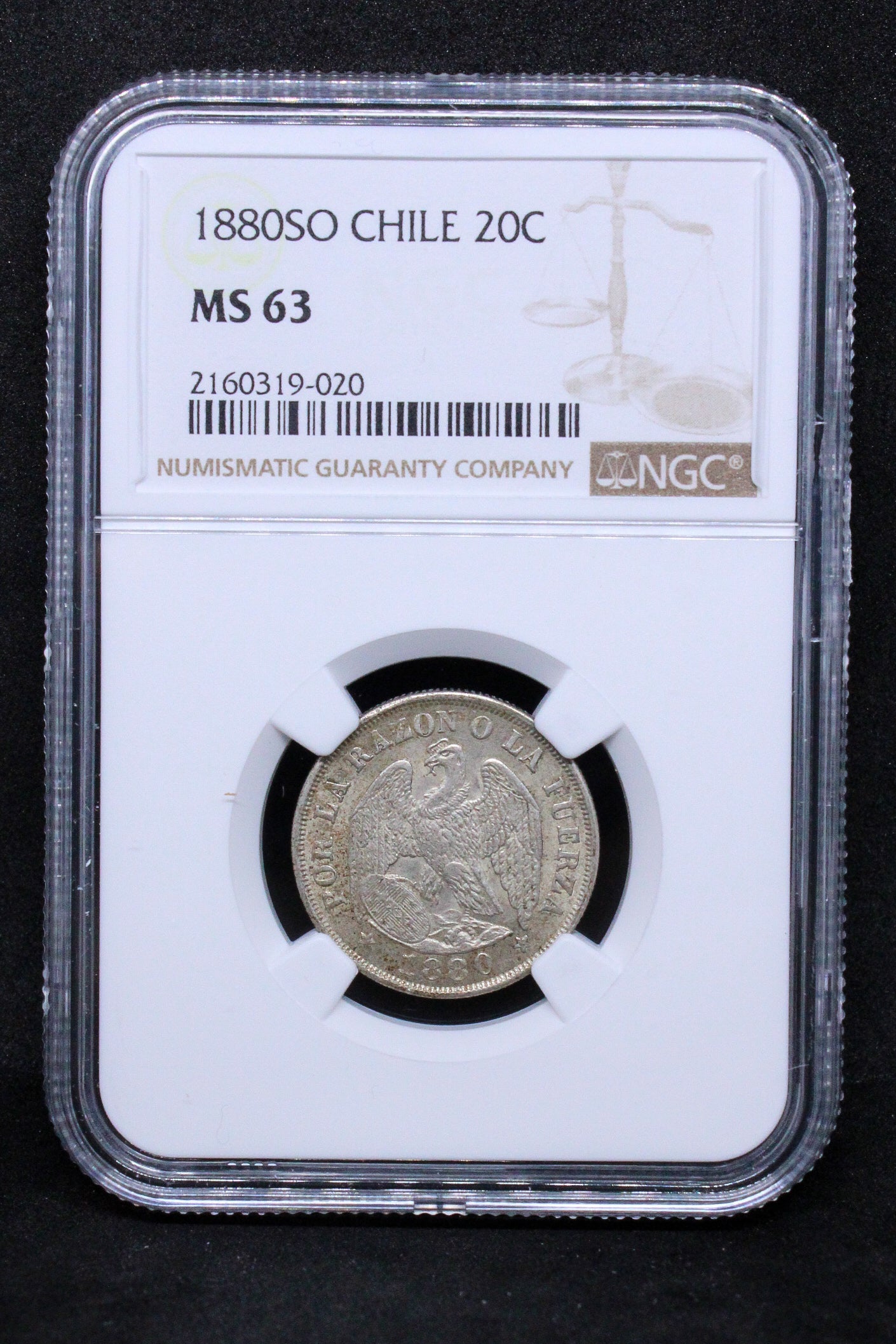 20 Centavos 1880. Chile. KM-138.2 UNC NGC MS63