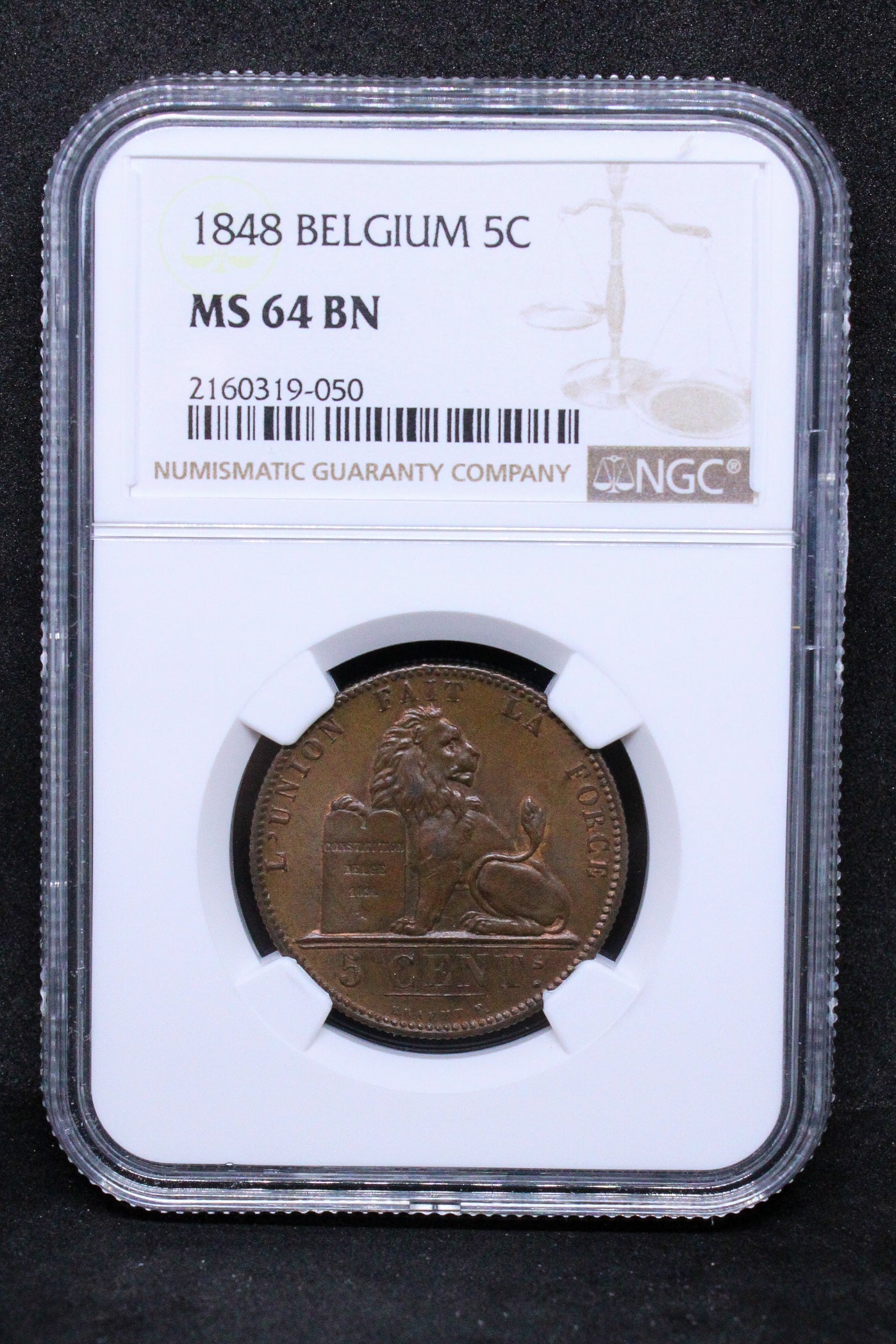 1848 BELGIUM 5 CENTIMES .NGC MS 64 BN