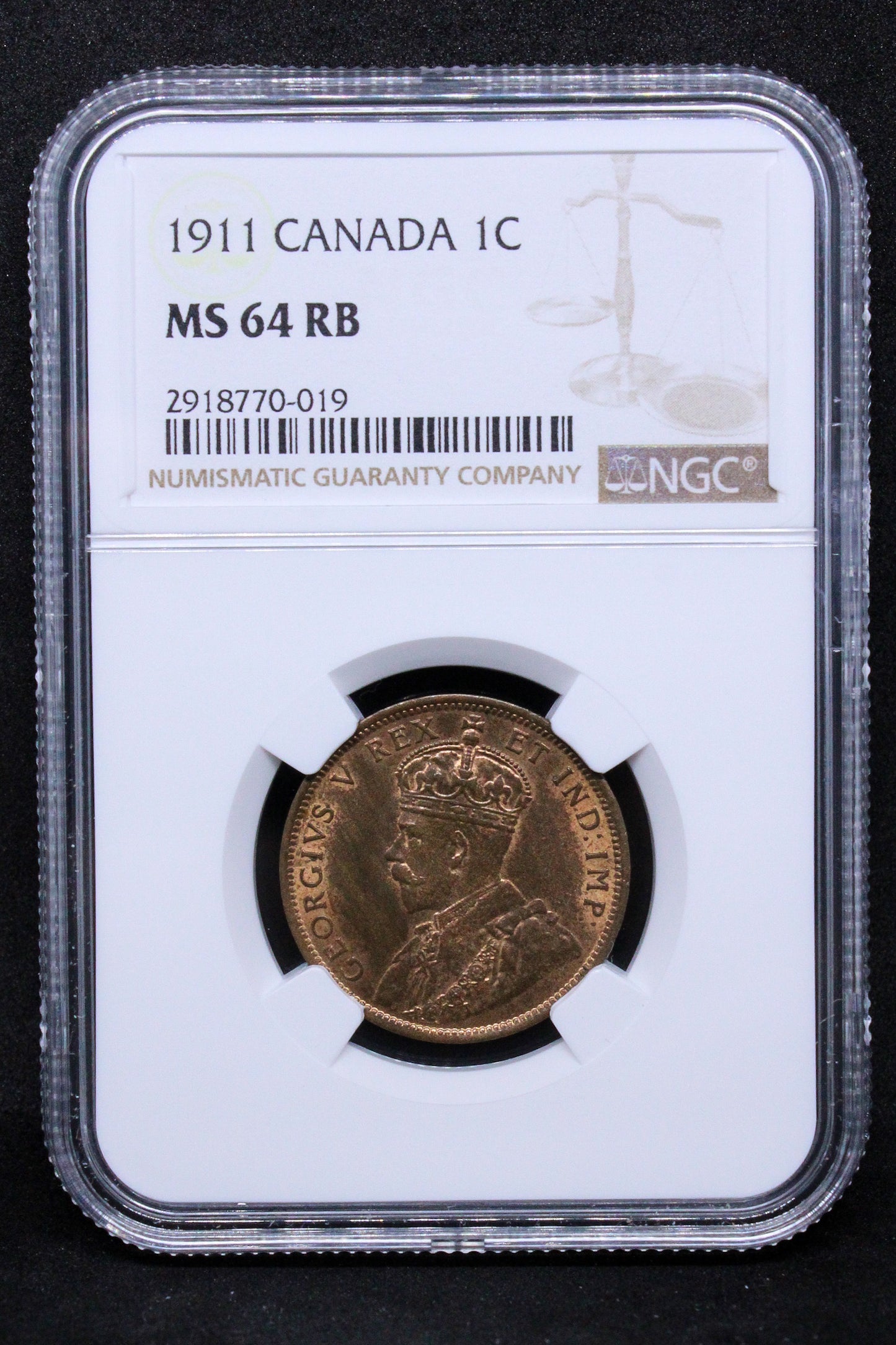 1911 CANADA 1 CENT George V. NGC MS 64 RB