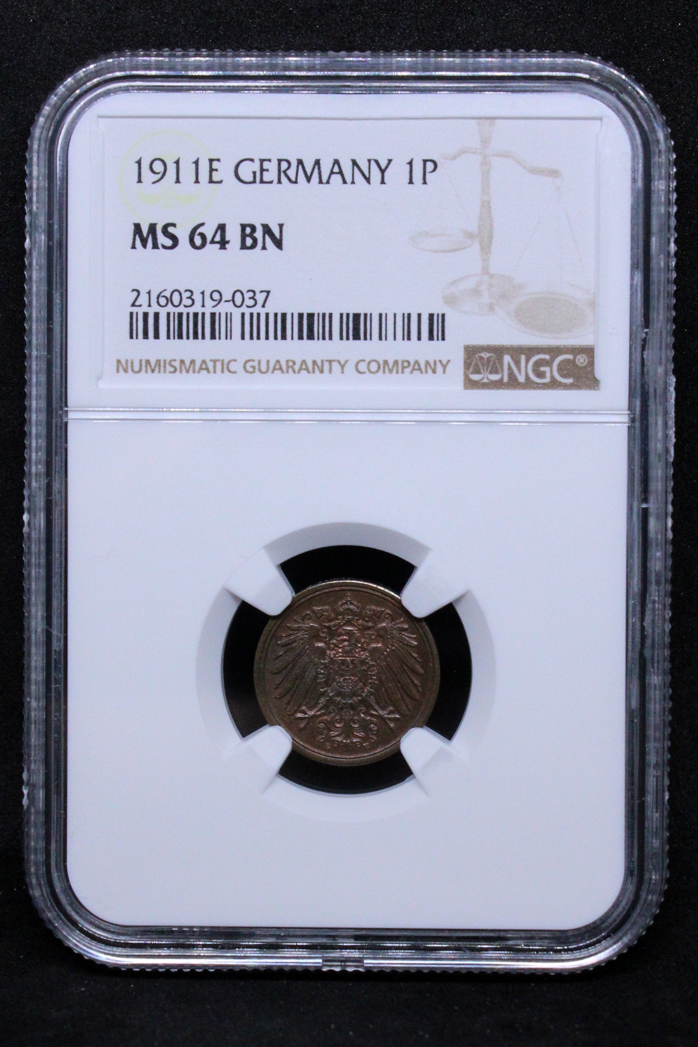 1911 E GERMANY 1 PFENNIG .NGC MS 64 BN TOP POP