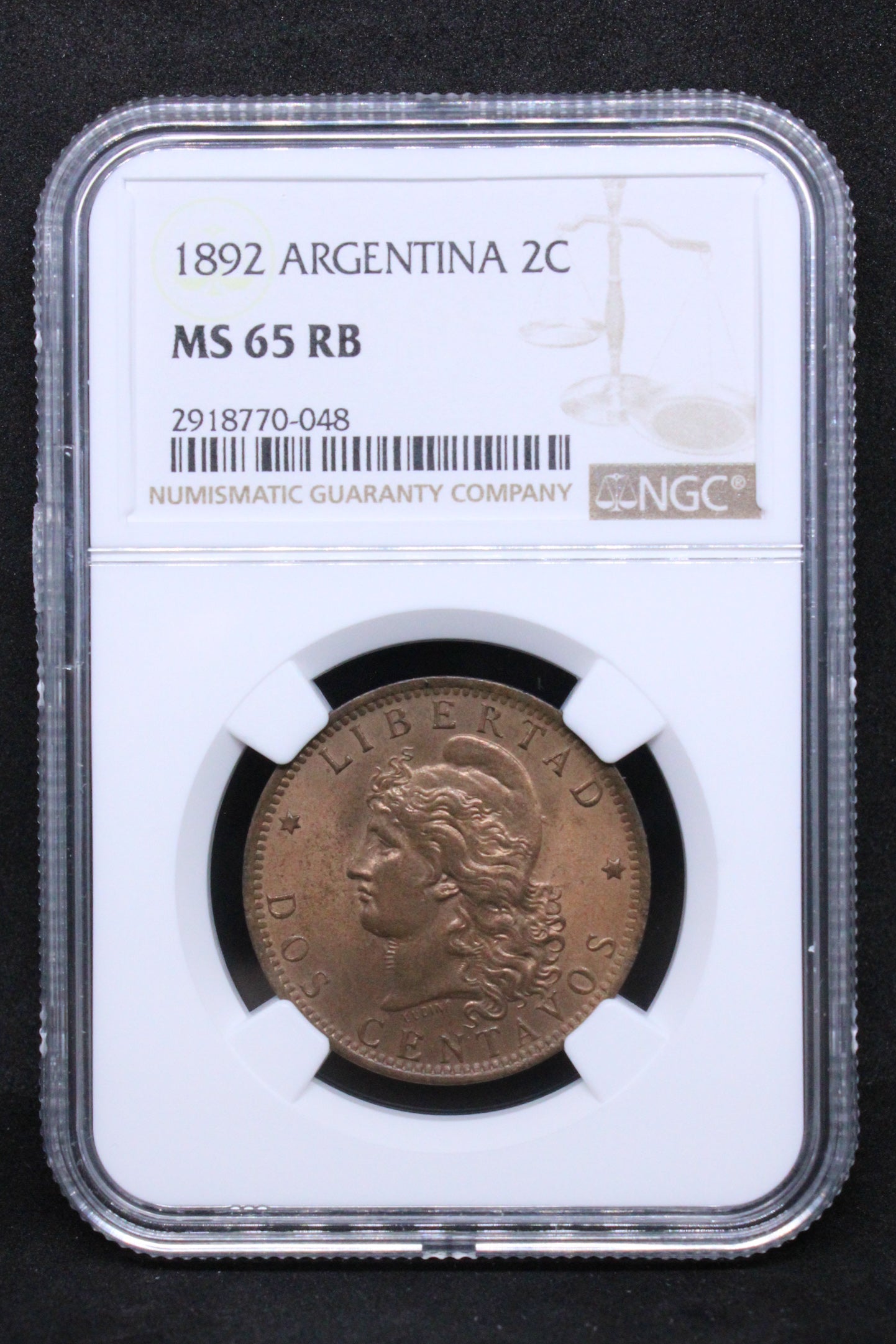 1892 ARGENTIN.A 2 CENTAVOS .NGC MS 65 RB SOLD..