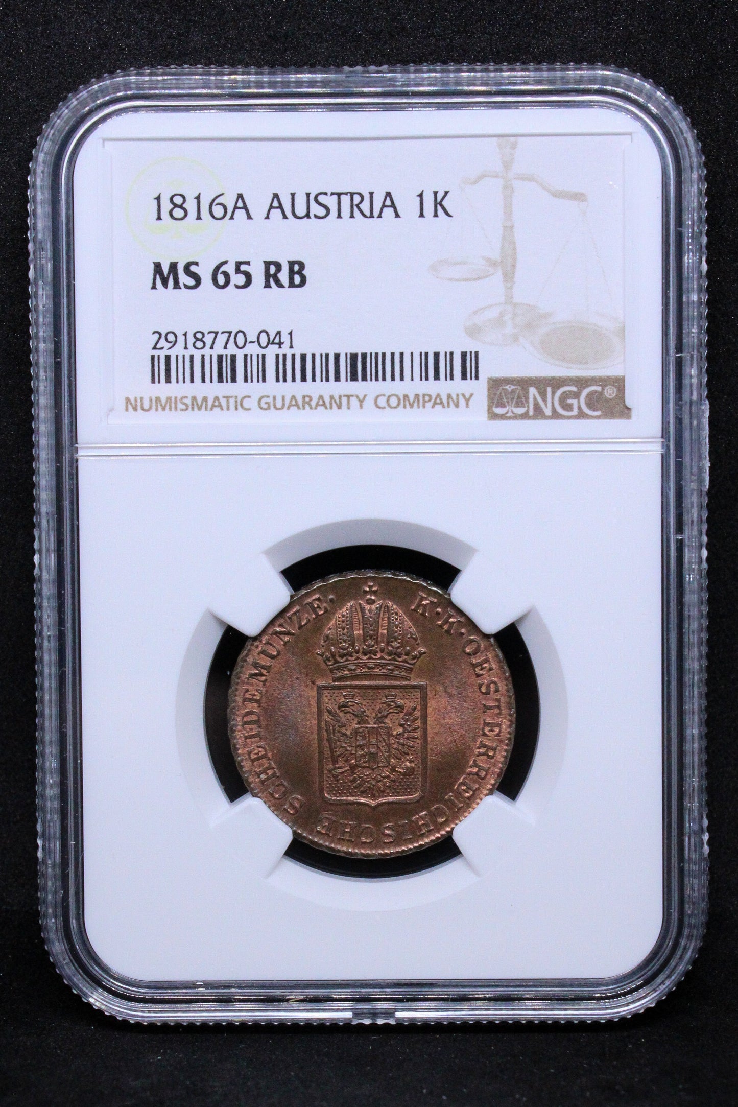 1816-A AUSTRIA 1 KREUZER .NGC MS 65 RB SOLD..