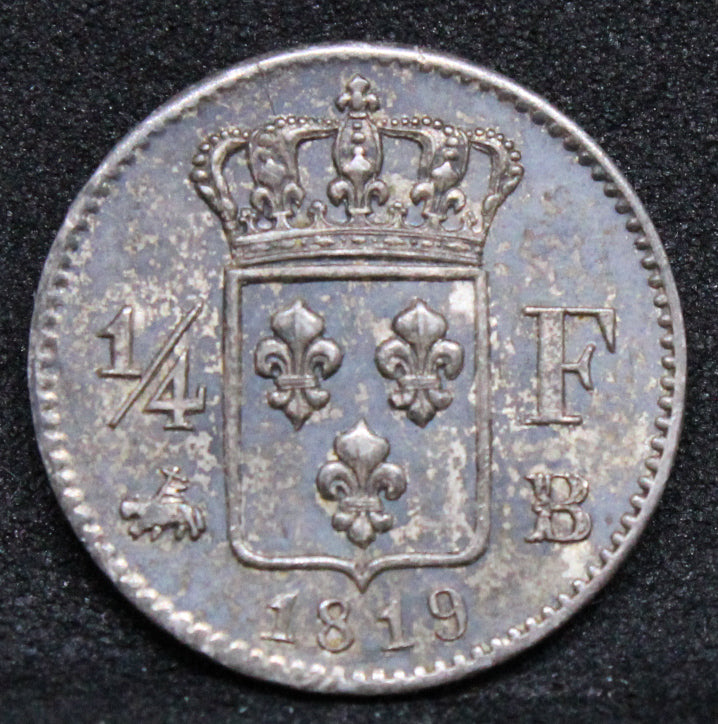 1819 - B (Rouen Mint) 1/4 Franc. Louis XVIII. KM-714. UNC