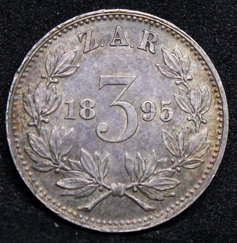 1895 3 Pence, South Africa. aUNC. Rare key date any grade. REF KM3