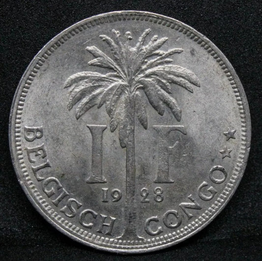 1 Franc, 1928 Belgian Congo. King Albert I. KM-21 Dutch Text gEF
