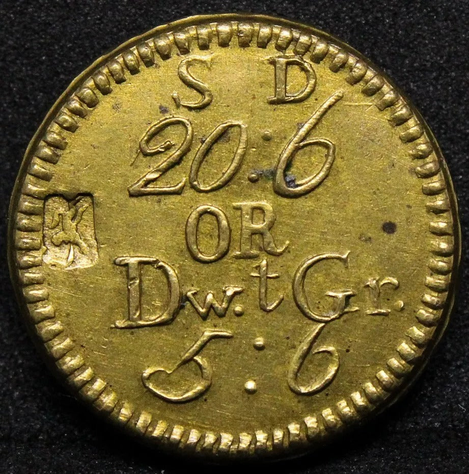 Brass Coin Weight - 1772 George III S.D. 20:6 or DwtGr. 5:6, higher grade+lustre