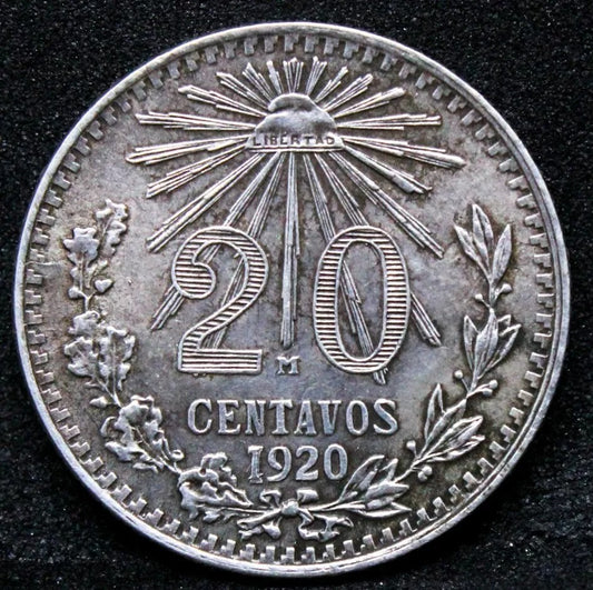 1920 (Small 1 Over Large 1) 20 Centavos, Mexico. KM-438 UNC