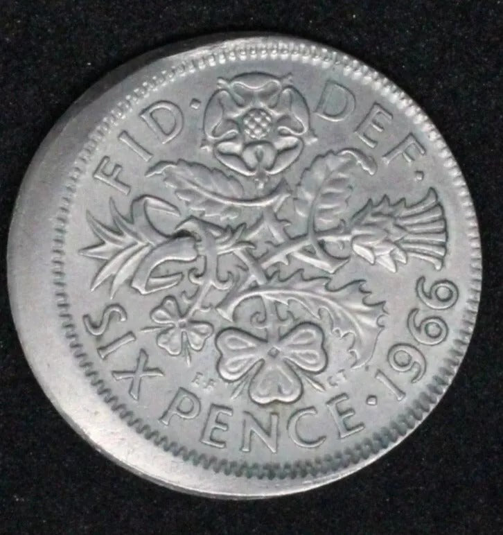 1966 6 pence error coin, 20% off centre strike