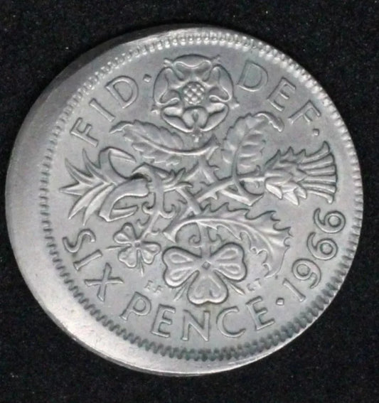 1966 6 pence error coin, 20% off centre strike
