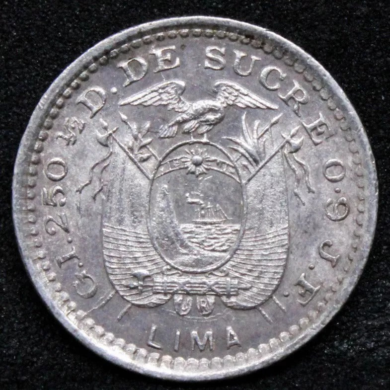 ½ Décimo 1902 LIMA JF. Ecuador silver coin. KM-55. UNC