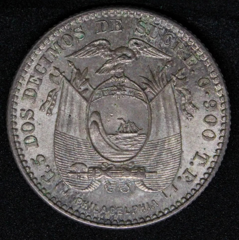 2 Décimos 1914 TF (Phillidalphia) Ecuador Silver coin. KM-51.4 UNC