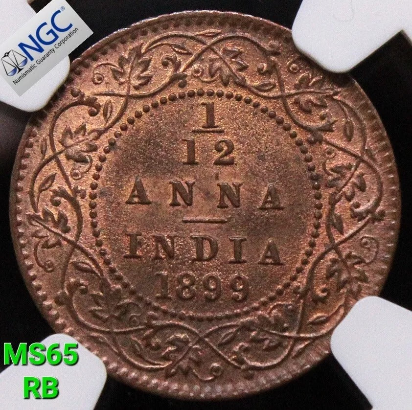 1/12 Anna 1899. Queen Victoria, British-India. KM-483. BU NGC MS65 RB