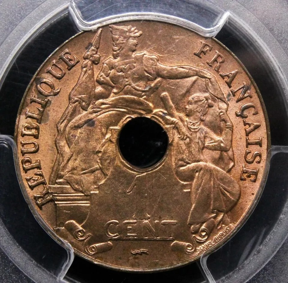 1923 1 Cent French Indo-China Lec-92 (Lightningbolt MM) BU PCGS MS64 RB