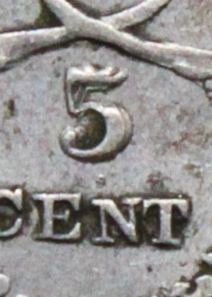 5 Centavos 1885, Columbia. KM#?174a. 5/5 value repunch