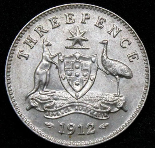 1912 Australia 3 pence, George V. aUNC KM-24, one of the key dates