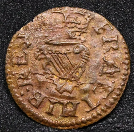 charles richmond copper farthing, 1625-34. MM.Lombardic A, Die Crack+cud