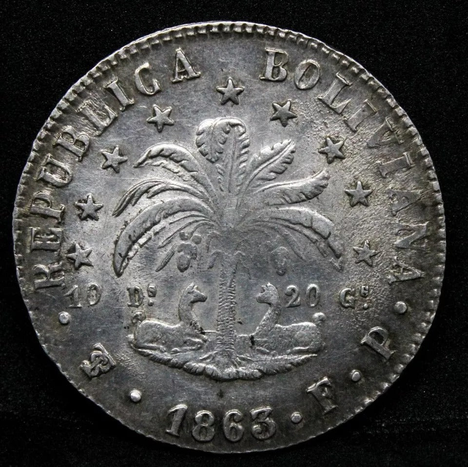 1863 8 Soles, Bolivia. Silver Coin. KM-138 aUNC. Great condition