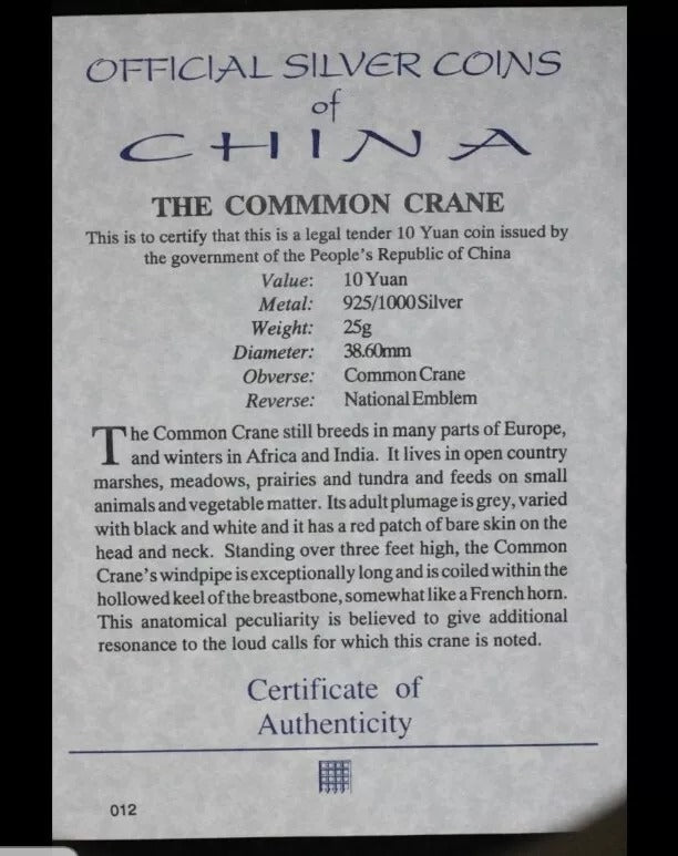 1992 10 Yuan, Endangered White Stork, chinese silver proof, 7.3k mintage