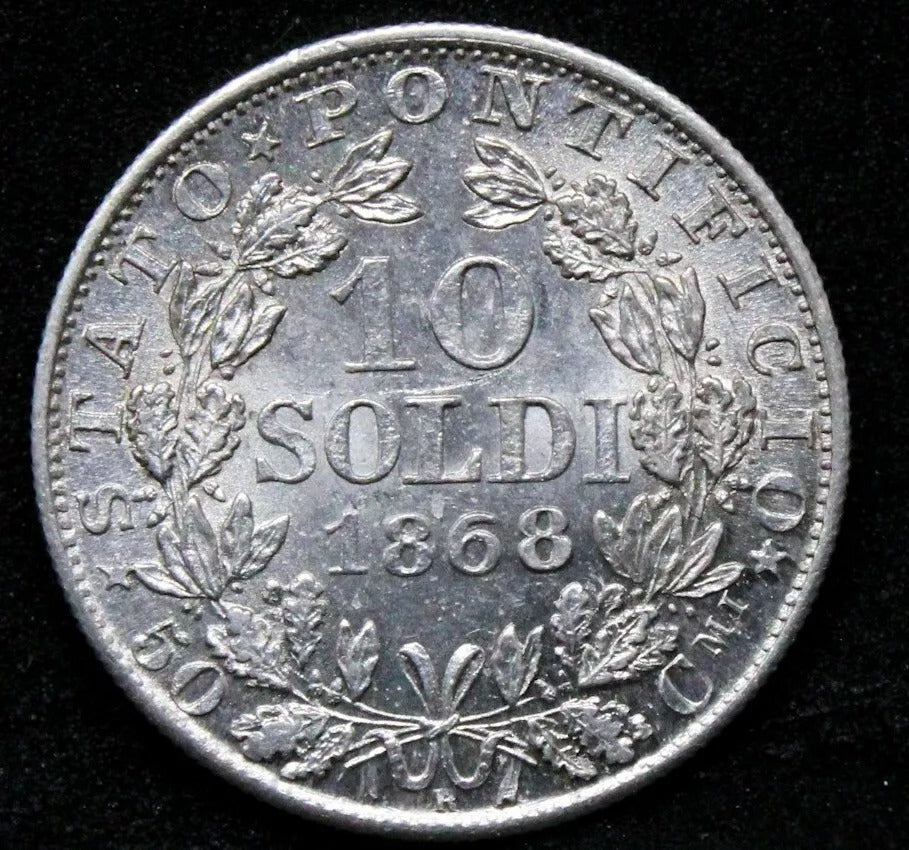 1868-R 10 Soldi, Pope Pius IX, Papal States. KM-1376. UNC SOLD..