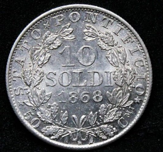 1868-R 10 Soldi, Pope Pius IX, Papal States. KM-1376. UNC SOLD..