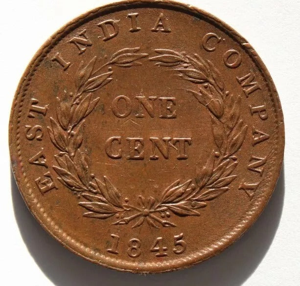 1845 1 Cent, Straits Settlements/East India Company. EF+some luster