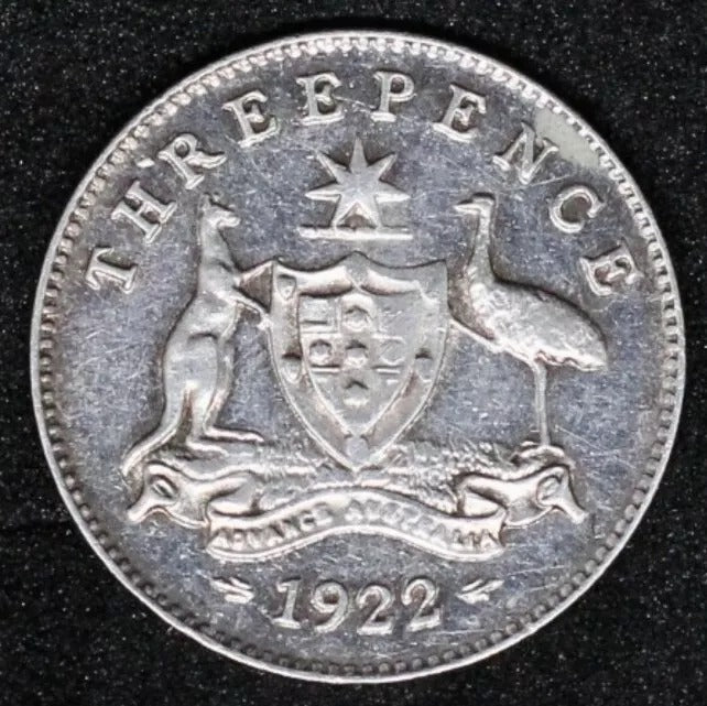1922 Australia 3 pence aUNC, George V. Late die state on rev.