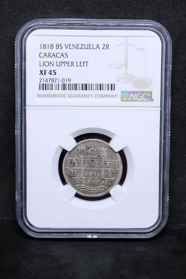 2 Reales 1818, Venezuela Silver. C-6. NGC XF45