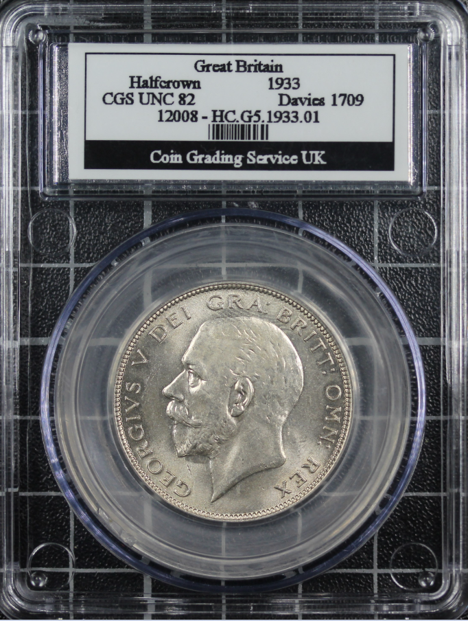 1933 1/2 crown, George V Silver Coin. S.4037. CGS graded UNC 82