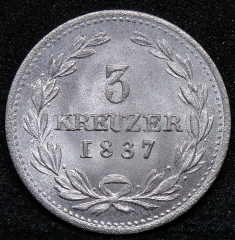 1837 Baden-Germany 3 Kreuzer . KM-199. UNC NGC MS66 top pop.
