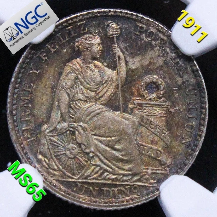 1911 FG/JF Dinero. Peru Silver Coin. KM-204.2 UNC NG MS65
