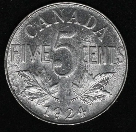 1924 5 Cent Canada Nickel, George V, UNC rev/ damaged obv