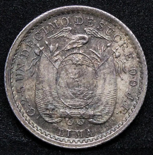Ecuador 1905 Lima mint silver decimo. KM-50 UNC