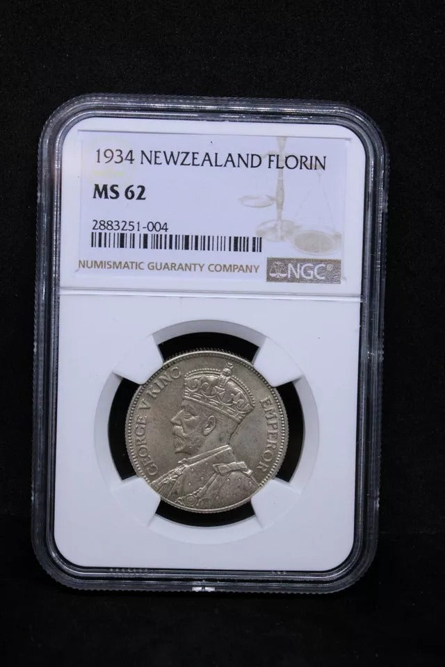 1 Florin 1934. New Zealand George V. KM-4. UNC NGC MS62