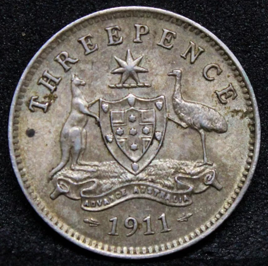 1911 Australia 3 pence, George V. EF KM-24,