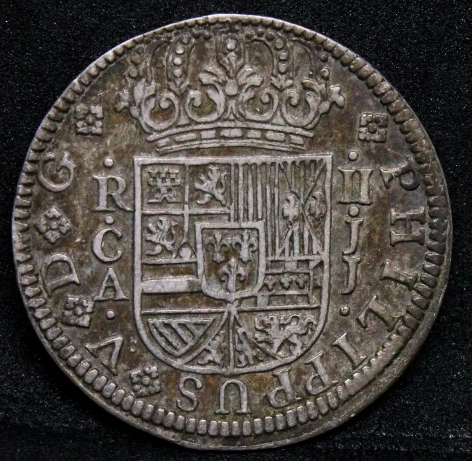 1721 JJ CA Phillip V 2 Reales, Spain. aUNC. Very high quality, green/amber tones