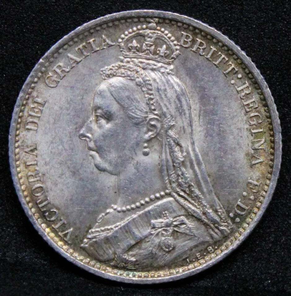 1887 withdrawn 6 pence six pence Victoria UNC, some colorful tones in fields #2