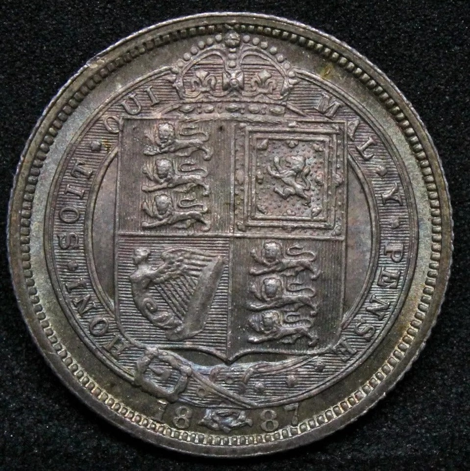 1887 withdrawn 6 pence six pence Victoria UNC. Rainbow Toning in the fields
