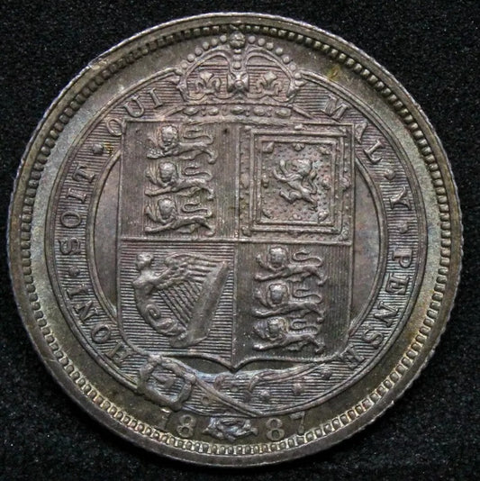 1887 withdrawn 6 pence six pence Victoria UNC. Rainbow Toning in the fields