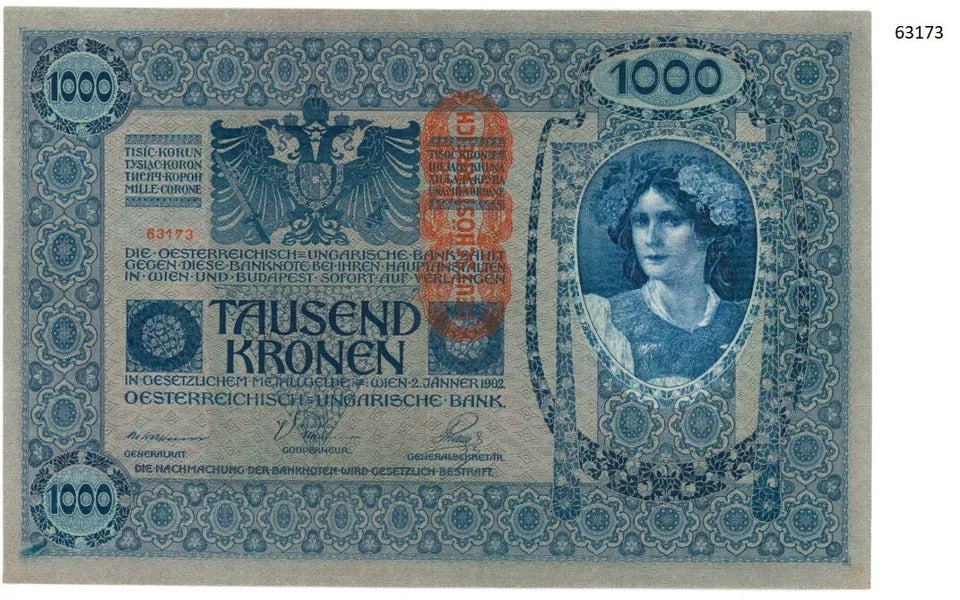 2 consecutive 1000 Kronen, Austria, 1902(1919) Pick 59. EPQ no tears/folds