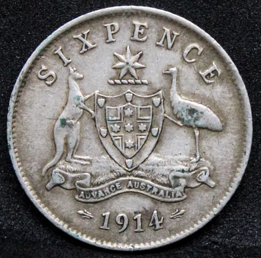 1914 sixpence, Australia George V coin. KM-25. GVF Rare date