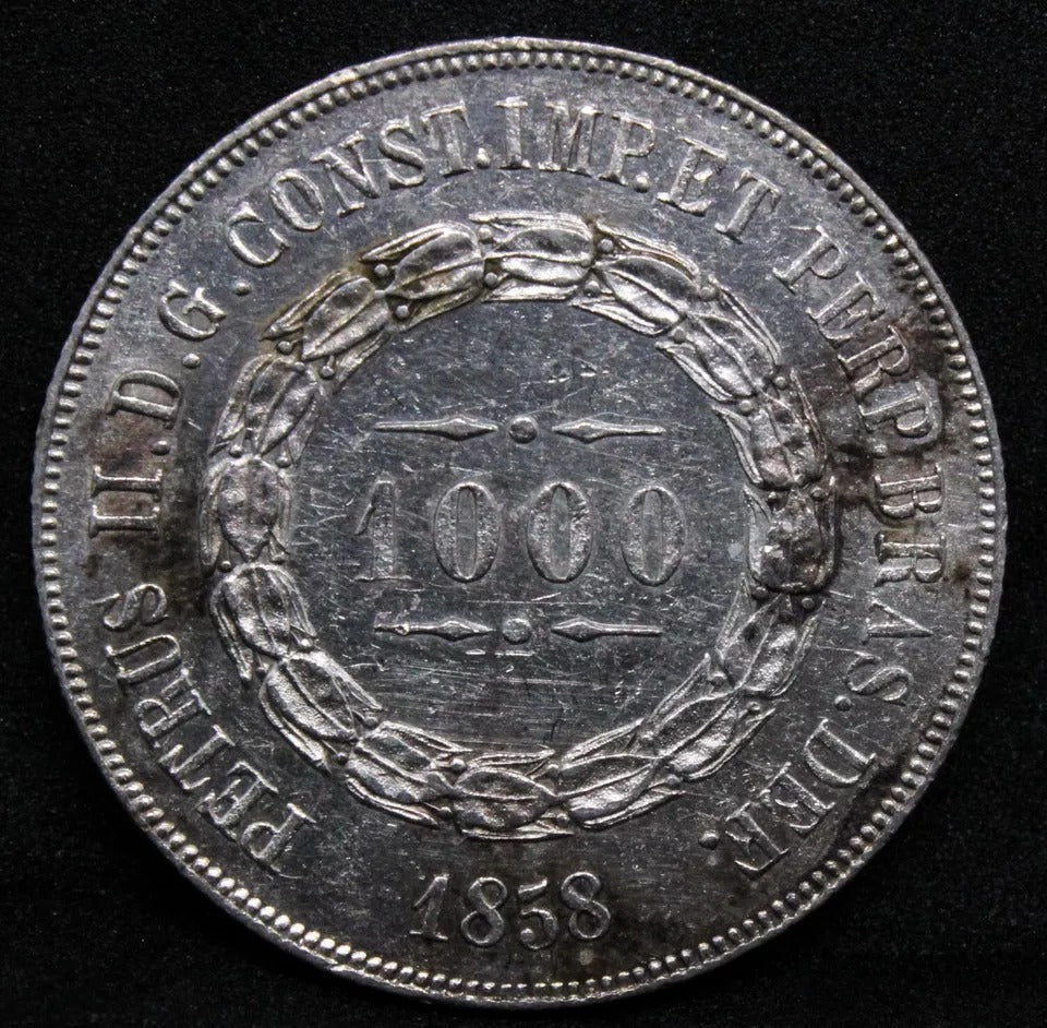 1000 Reis 1858, Brazil Silver Coin. KM-465. EF *cleaned